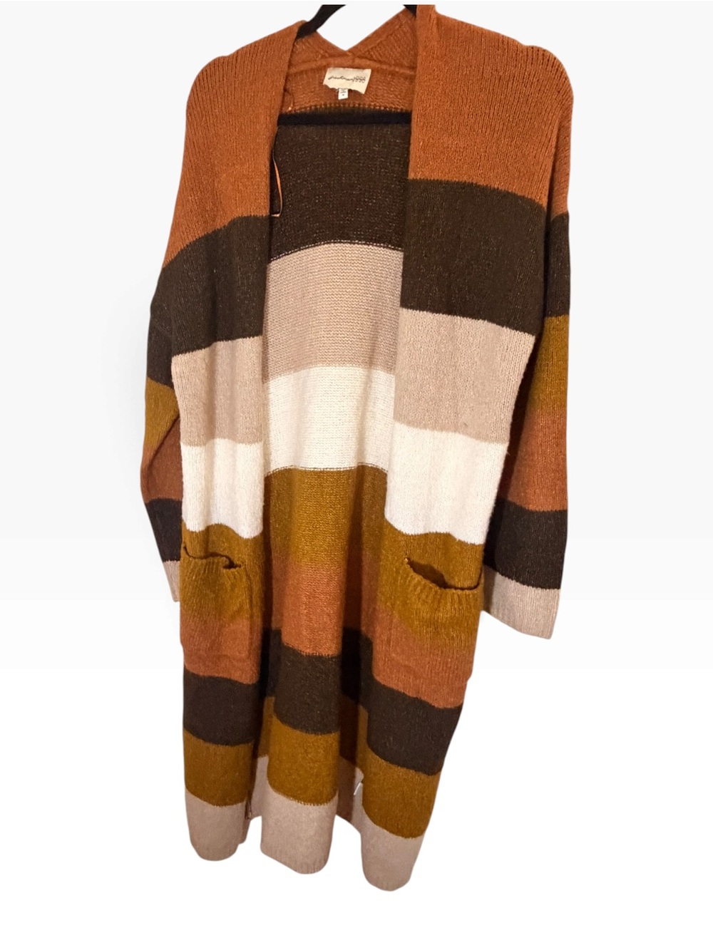 (Size M) Freshman 1996 Earth Tone Colorblock Striped Longline Duster Cardigan 